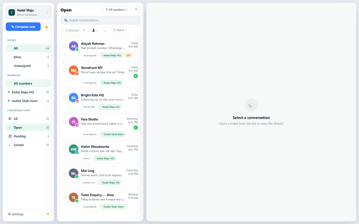Finch conversation list with WhatsApp and Shopee conversations in one queue
