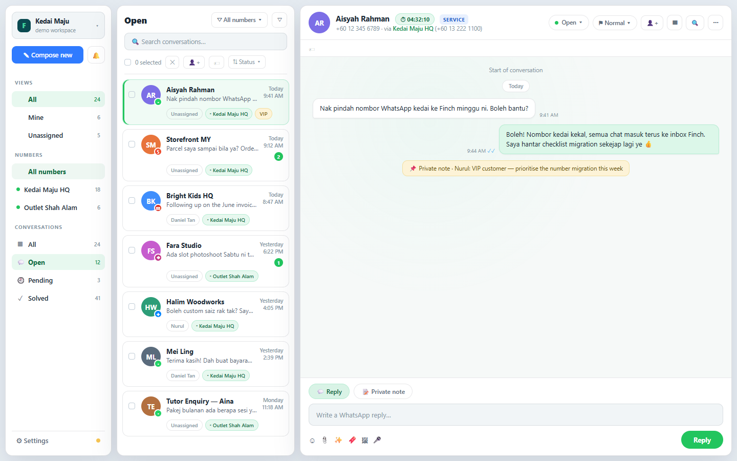 The Finch inbox: a WhatsApp conversation open beside the team's shared queue